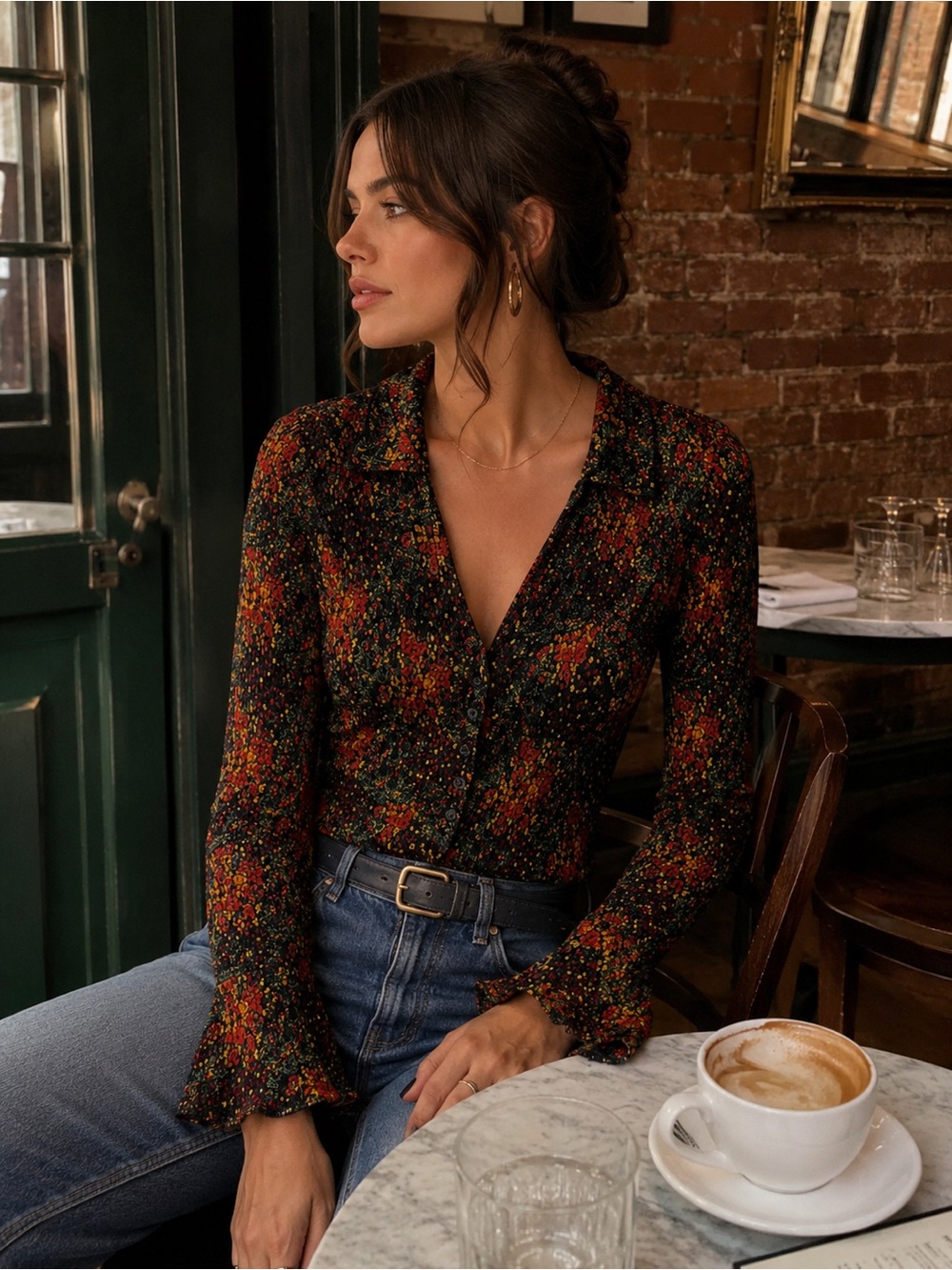 Free People Floral Bell Sleeve Button Front Crop Top Boho Y2K XS